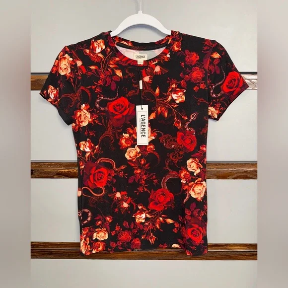 L'AGENCE Ressi Baroque Floral Tee 🌹 Red and Black 🌹Short Sleeve 🌹Size XXS 🌹 NWT - Picture 7 of 9